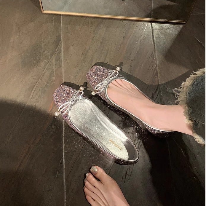 Spot Seconds Hair! Grape Mom Same Shoes Classic Round Head Bow Rhinestone Shallow Mouth Delicate Pearl Ballet Shoes - Image 3